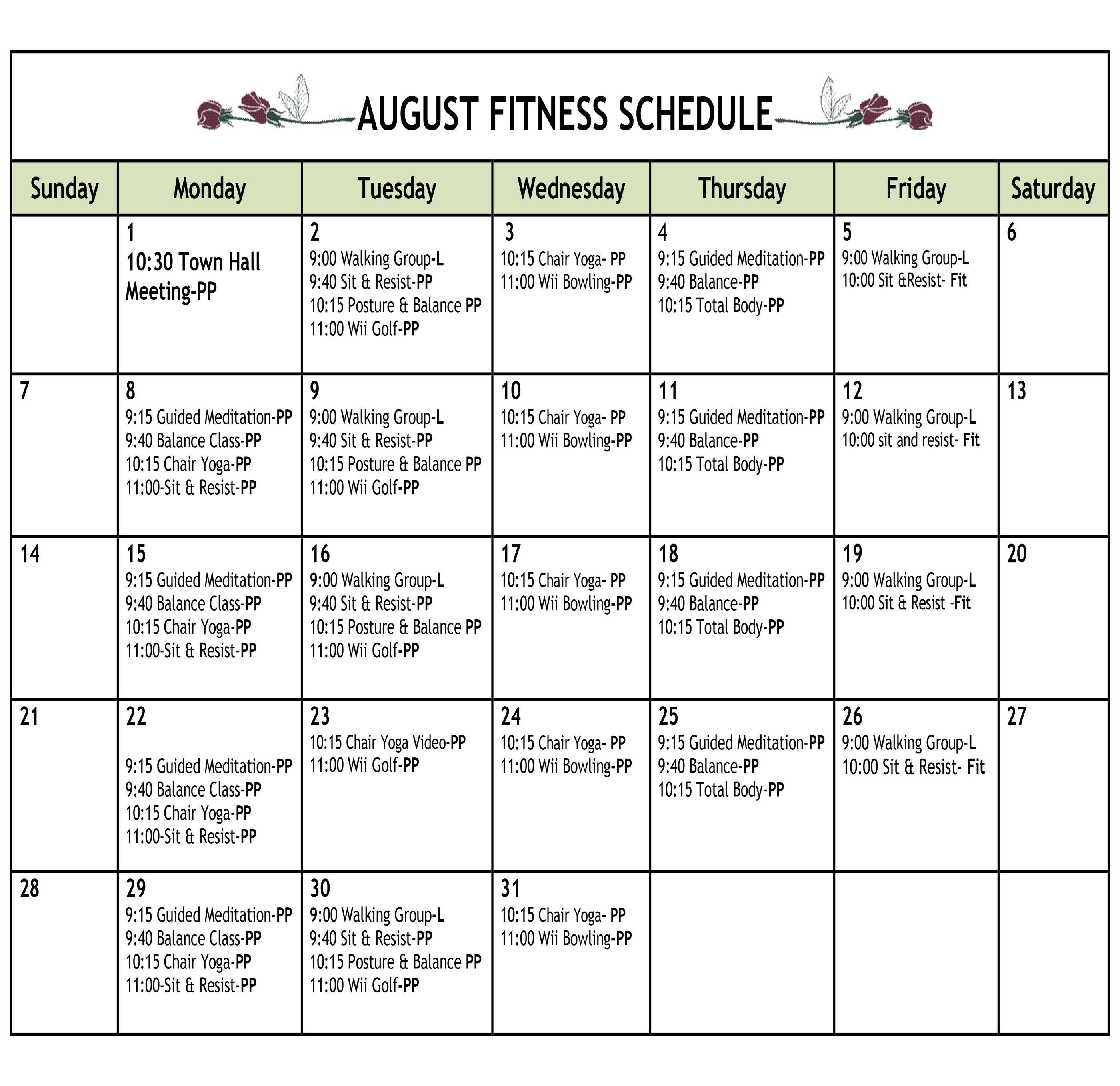 August 2022 Fitness Calendar